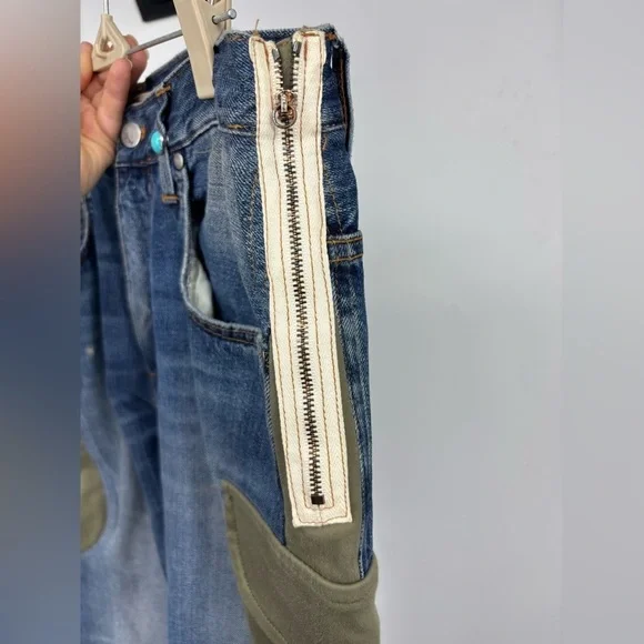 NWOT +People Denim Patchwork Zipper Boyfriend Jean Blue Green 28 - Picture 3 of 5
